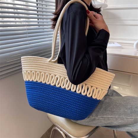 Fashion Contrast Color Large Capacity One-Shoulder Portable Hemp Rope Woven Bag's discount tags