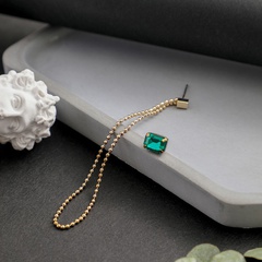 Sterling Silver Needle Emerald Tassel Long Asymmetric Ear Studs