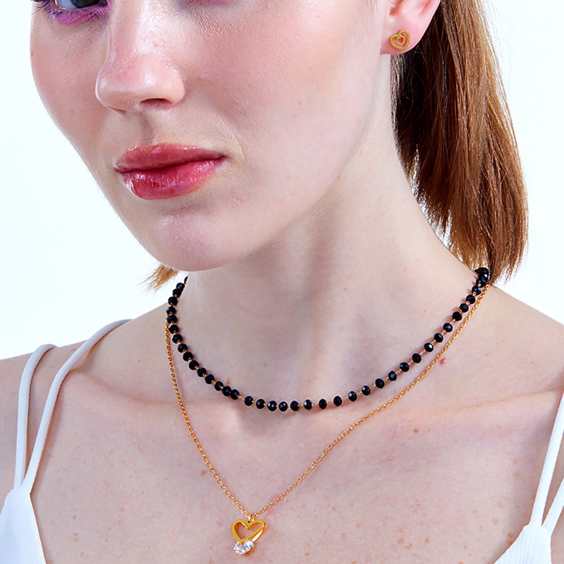 Mode dor creux en acier inoxydable en forme de coeur Boucles Doreilles Double Couche noir perles pendentif zircon collier