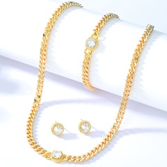 Fashion Simple Copper Electroplated 18K Gold Zircon Ear Stud Bracelet Necklace 3-Piece Set