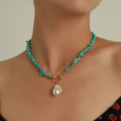 Elegant Simple Large Shaped Pearl Pendant OT Buckle Green Turquoise Chain Necklace