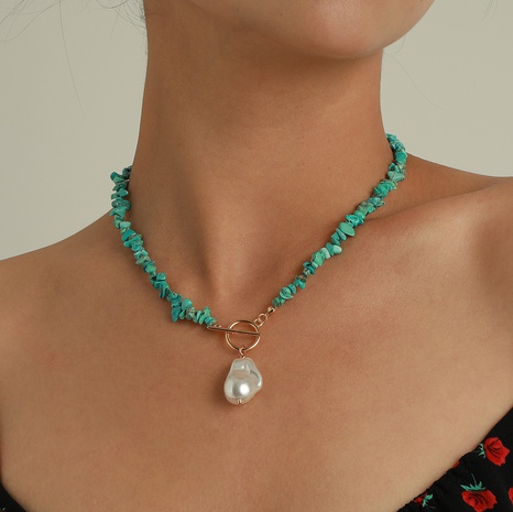 Elegant Simple Large Shaped Pearl Pendant OT Buckle Green Turquoise Chain Necklace's discount tags
