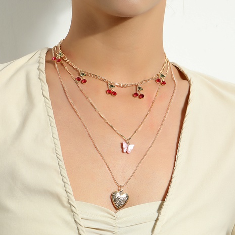 Mode Elegante Rote Kirsche Schmetterling Herz Anhänger Multi-Schicht Halskette's discount tags