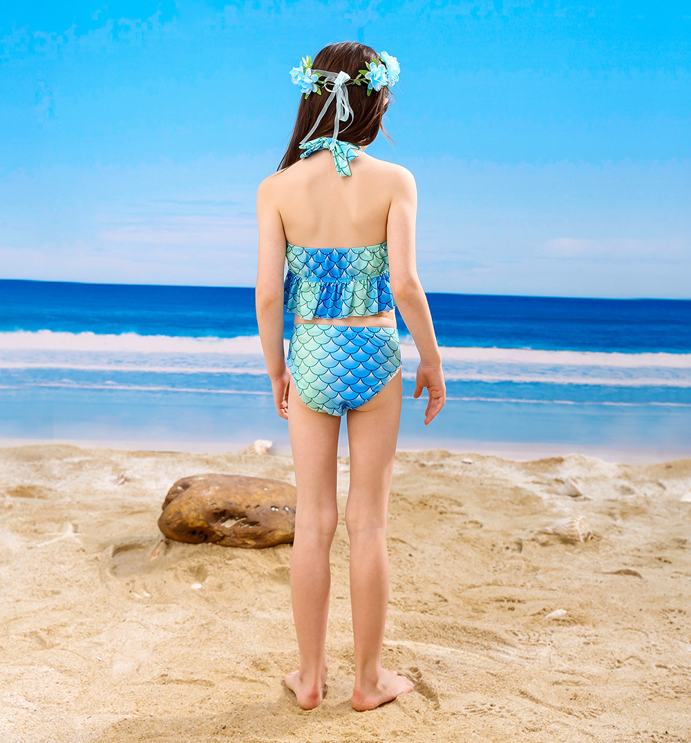 Childrens Mermaid Swimsuit Girls Colorful Bikini Childrens Split Swimwear Swimsuit Flower Bad Pendant FivePiece Setpicture5