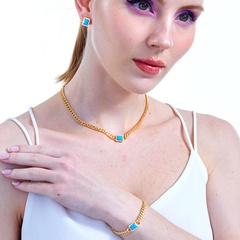 Fashion Simple Copper Zircon Square Ear Stud Bracelet Necklace 3-Piece Set