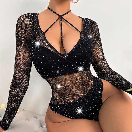 Rhinestone Geometric Strap solid color one-piece underwear's discount tags