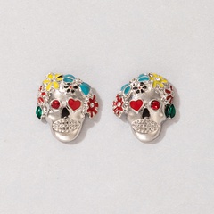 Fashion Halloween Horror Ear Stud Color Diamond Drop Oil Skull Alloy Earrings