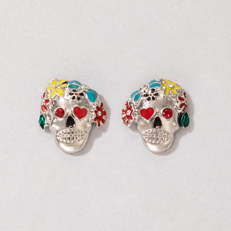 Fashion Halloween Horror Ear Stud Color Diamond Drop Oil Skull Alloy Earrings's discount tags