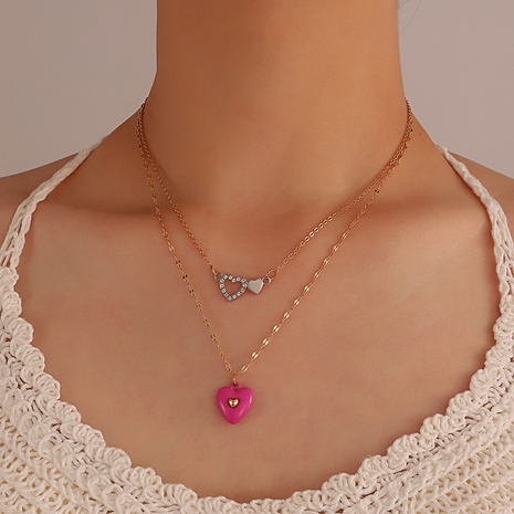new style simple double layer Pink Heart Pendant Necklace Bracelet's discount tags