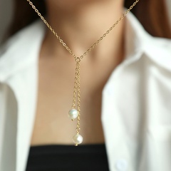 Mode Einfache Lange Perle Pullover Kette Kupfer Überzug Gold Halskette