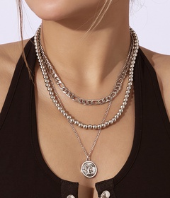 Fashion Metal Punk Twin Chain round Beads Portrait Pendant Alloy Necklace