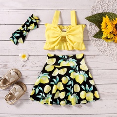 Summer New Solid Color Bow Suspenders Top Lemon Printing Skirt Headscarf Three-Piece Suit