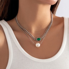 Mode Imitation Perle Gemme Chaîne Simple Vert Alliage Collier