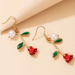 Fashion Retro Red Rose Flower Three-Dimensional Pearl Alloy Earrings