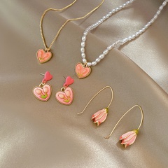 Women'S Sweet Heart Flower Beaded Imitation Pearl Alloy Earrings Necklace