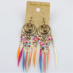 Fashion Bohemian Retro Hollow Colorful Bead Feather Tassel Alloy Earrings