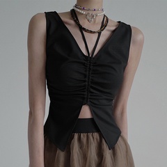 Spring and Summer New Solid Color V-neck Sleeveless Pleated Drawstring Vest Women's Clothing
