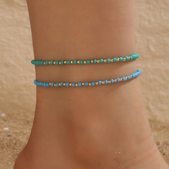 Fashion Blue Green Beaded Double-Circle Ethnic Style Rice-Shaped Stringed Alloy Anklet