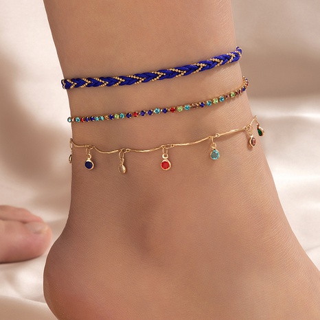 Fashion Colorful Diamond Three-Layer Anklet Blue Braid Rope Chain Alloy Foot Ornaments's discount tags