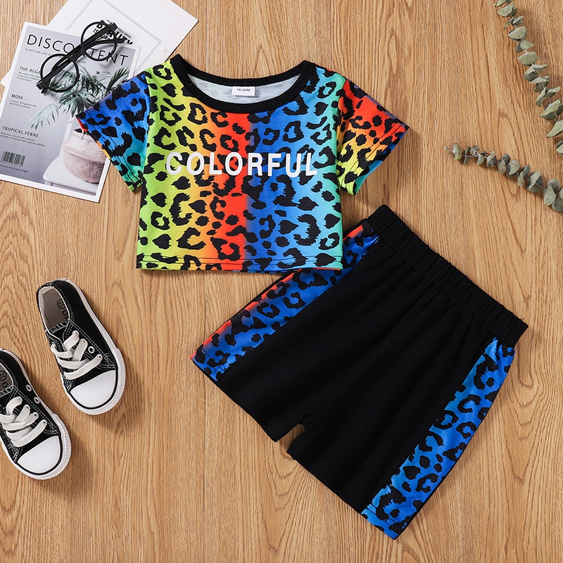 Children Summer Casual Letter Leopard Print Stitching Short Sleeves Shorts Suit