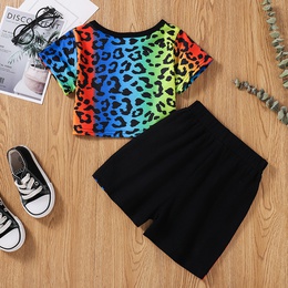 Children Summer Casual Letter Leopard Print Stitching Short Sleeves Shorts Suitpicture1