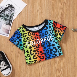 Children Summer Casual Letter Leopard Print Stitching Short Sleeves Shorts Suitpicture2