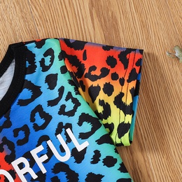 Children Summer Casual Letter Leopard Print Stitching Short Sleeves Shorts Suitpicture4