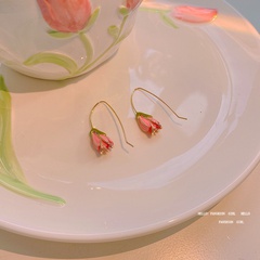 new Cute Pink Tulip heart shape Titanium Pearl Necklace stud earrings