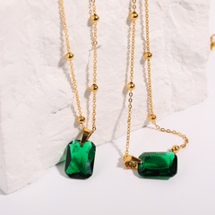 Fashion Retro Emerald Inlaid Zircon Pendant Natural Stone Stainless Steel Necklace