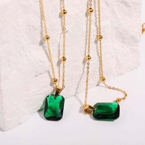 Fashion Retro Emerald Inlaid Zircon Pendant Natural Stone Stainless Steel Necklace's discount tags