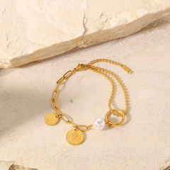 Retro stil edelstahl 18K Gold überzogene Elizabeth Münze Anhänger Perle Ball Bead Kette Nähen Armband