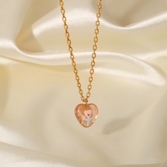 New Style 18K Gold plated Stainless Steel Heart-Shaped Pink Colored Glaze Pendant Necklace