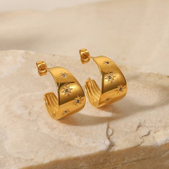 New Style stainless steel 18K gold plated Large Curved Inlaid Zirconium C-Shaped Earrings
