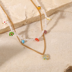 Neue stil 18K Gold überzogene Edelstahl Farbige Glasur Blume Perle Doppel-Schicht Anhänger Halskette