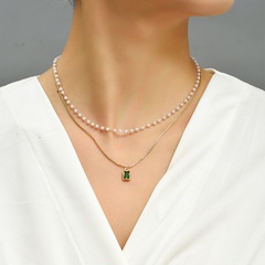 alloy Retro Double-Layer Pearl Fashion Green Zircon Pendant necklace