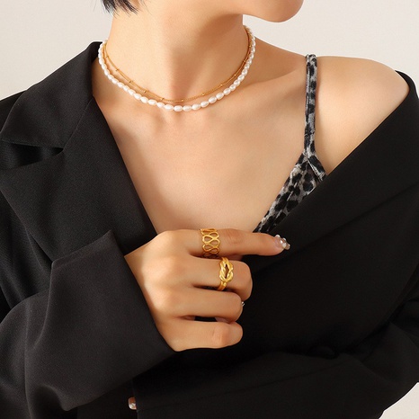 Mode Barock Süßwasser Perle Doppel-Schicht Halskette Titan Stahl Ornament's discount tags