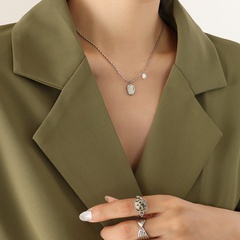 Fashion Pearl Oval Pendant Titanium Steel Necklace Female Clavicle Chain