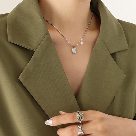 Mode Perle Ovale Pendentif Titane Acier Collier Femme Clavicule Chaîne's discount tags