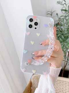 Funda de teléfono para iPhone 12 de pulsera de cadena transparente con patrón de corazón de dibujos animados bonitos