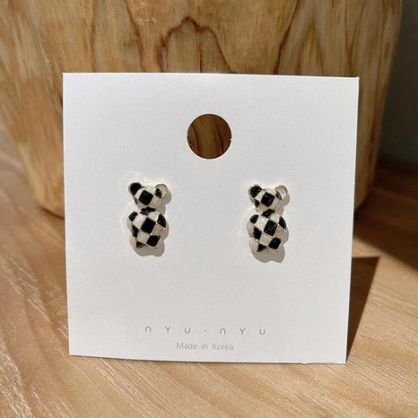 Fashion Cute Black White Chessboard Plaid Cute Bear Alloy Ear Studs's discount tags