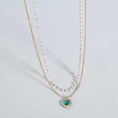 alloy copper Dark Green Heart-Shaped Zircon Pendant Artificial Pearl Necklace