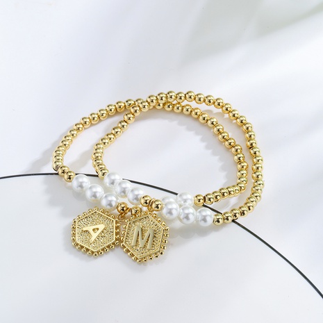 Mode Cuivre Plaqué Or Lettre géométrique pendentif perle Bracelet Extensible's discount tags