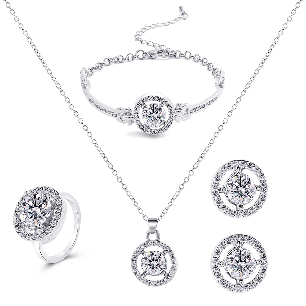 Frau Mode Klassischer Stil Geometrisch Runde Legierung Strass steine Ringe Ohrringe Halskette Diamant Schmuck Setspicture1
