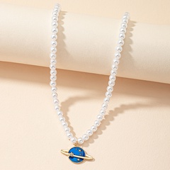 Fashion Simple Pearl Blue Planet Pendant Geometric Alloy Necklace