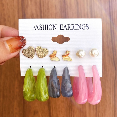 fashion Colorful Circle ear hook Butterfly Heart Pearl Stud Earrings 6 Pieces Set's discount tags
