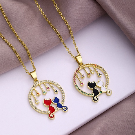 Fashion Cat Pendant Dripping Oil Copper Inlaid Zircon Stainless Steel Necklace's discount tags
