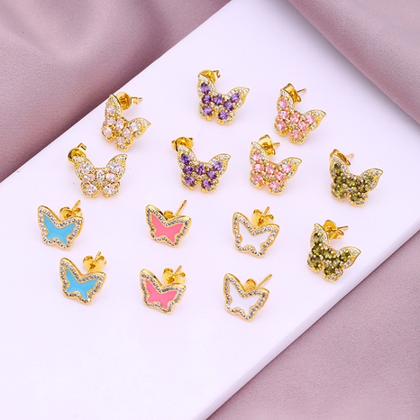 New Summer Cute Butterfly Inlaid Zircon Plated Real Gold Copper Ear Stud Earrings's discount tags