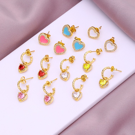 Fashion Simple Heart Inlaid Zircon Plated Real Gold  Copper Ear Stud Earrings's discount tags