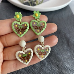 Fashion New Sweet Green Heart-Shaped Cherry Alloy Earrings Spring and Summer