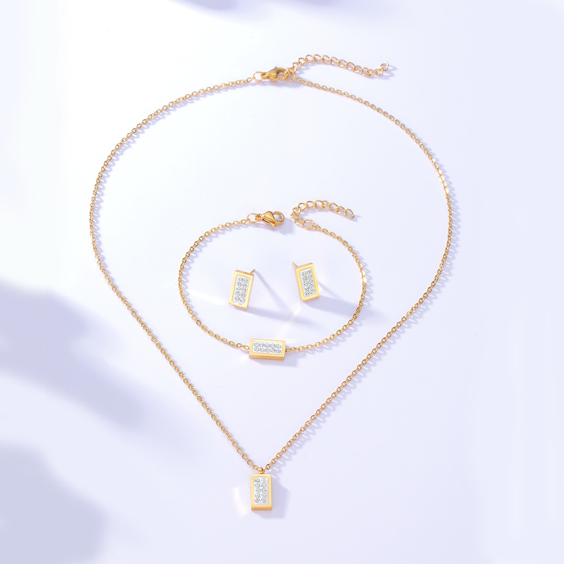 Bijoux Fantaisie Parures Bijoux | Mode Simple Rectangulaire Incrust Zircon Acier Inoxydable Oreille Stud Bracelet Collier Ensemble - OZ85690